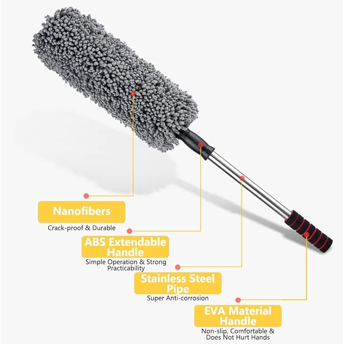 Soft Microfiber Car Duster Long Unbreakable Extendable Handle Dust Cleaning Brush Duster for Car Truck SUV RV and Motorcycle Car Interior Exterior Accessories