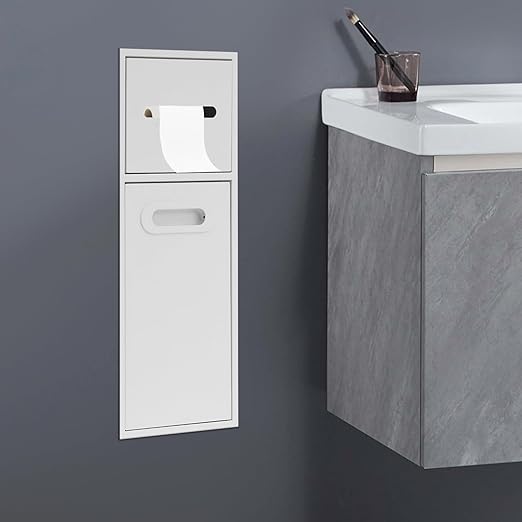 3 Gallon Bathroom Trash Can Niche Recessed Trash Can Cabinet with 2 Tiers Storage Stainless Steel Garbage Bins with Toilet Paper Holder for Bathroom Kitchen Bedroom Hotels (White)