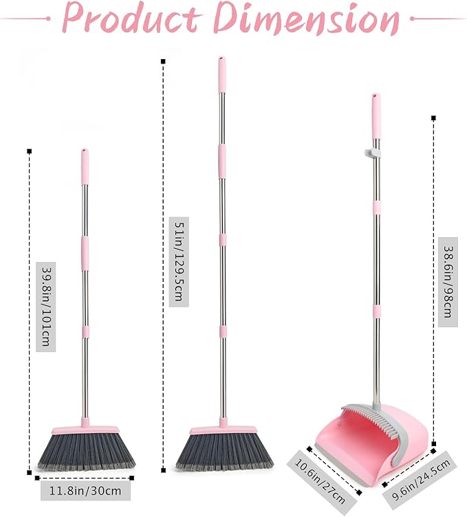 Broom and Dustpan Combo Set Long Handle and Standing Dust Pan with Comb Teeth Efficient Floor Cleaning for Kitchen Outdoor Dorm Apartment Office Lobby (Pink Gray)