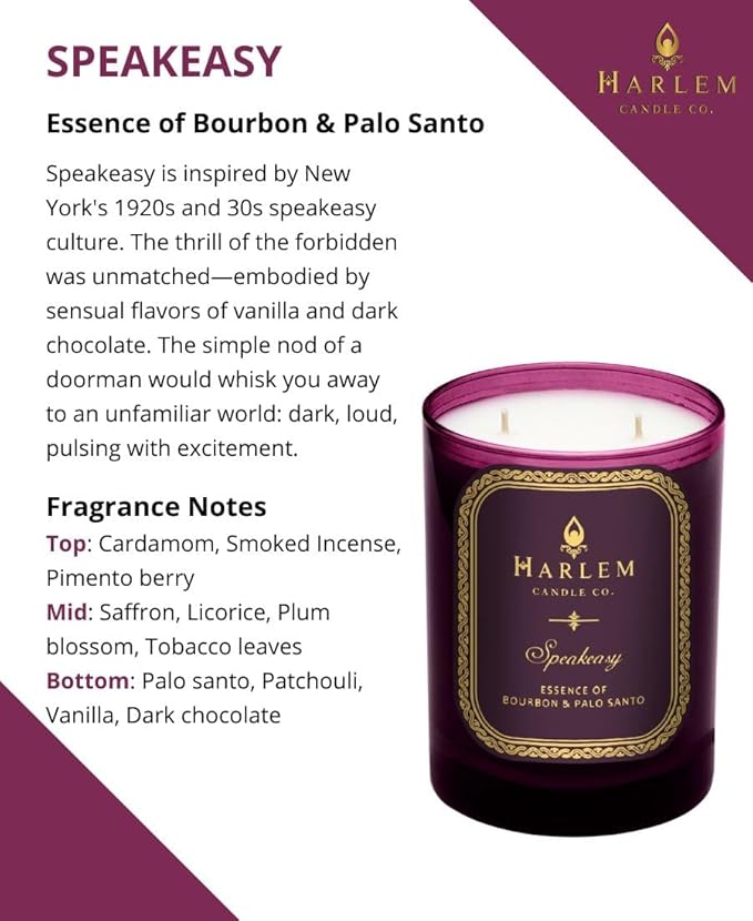 HARLEM CANDLE CO. Speakeasy - Luxury Scented Soy Candle 11 oz - 80-Hour Burn Time | Palo Santo Cardamom Incense Bourbon Tobacco and Patchouli | Scented Candles for Home