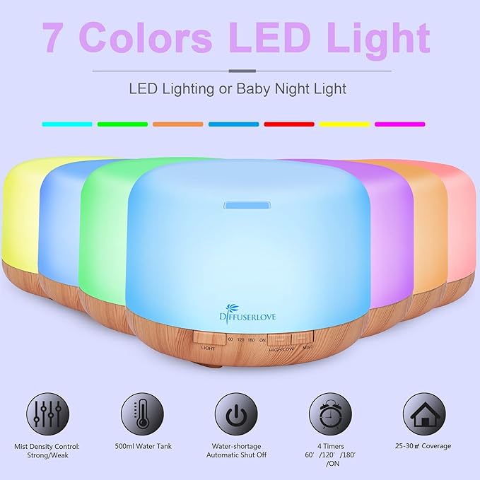 Diffuserlove Diffuser Essential Oil Diffusers 500ML Remote Control Aroma Diffuser Cool Mist Aromatherapy Diffuser with Mute Design Timer and Auto Shut-Off for Office Living Room Yellow