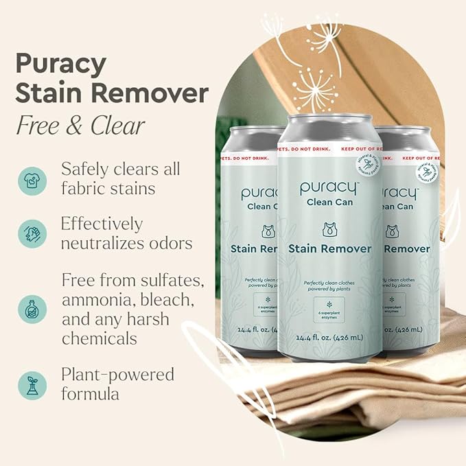 Puracy Clean Can Laundry Stain Remover - Fabric Stain Remover for Clothes Laundry - Stain Treater - Active Enzyme Laundry Stain Remover Spray - Spot Remover for Clothes (3 Pack Refill Free &amp Clea