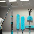 High Ceiling Duster Kits with 3-8ft Heavy Duty Extension Pole - Fan Blade Cleaner Cobweb Remover &amp Blue Window Squeegee Kit Washable Dust Brush and Glass Surfaces Skylight Shades Operating Hook