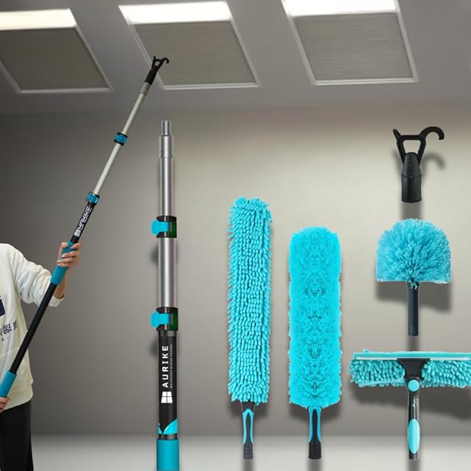 High Ceiling Duster Kits with 3-8ft Heavy Duty Extension Pole - Fan Blade Cleaner Cobweb Remover &amp Blue Window Squeegee Kit Washable Dust Brush and Glass Surfaces Skylight Shades Operating Hook