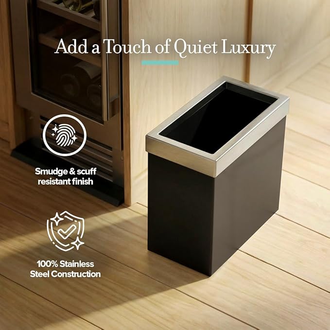 Gatco Small Bathroom Trash Can with Lid Rectangle 3 Gallon Stainless Steel Wastebasket Under Sink Matte Black and Satin Nickel for Bathroom Bedroom Office (1918SN)