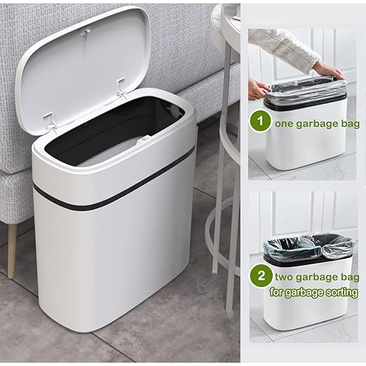 14 Litre Trash Can with Press Top Lid 3.7 Gallons Plastic Garbage Bin Slim Wastebasket for Bathroom Kitchen Toilet Office Room Bedroom White lid Without Brush