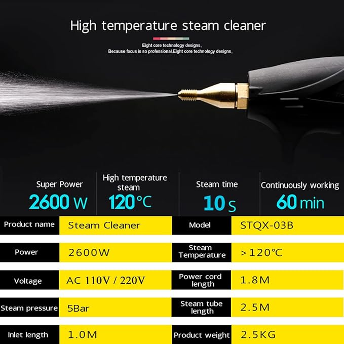 Handheld Steam Cleaner 2600w Portable High Temperature Multifunction Steam Cleaning Machine for Most Floors Counters Windows Car SeatsBlack-WithHandle