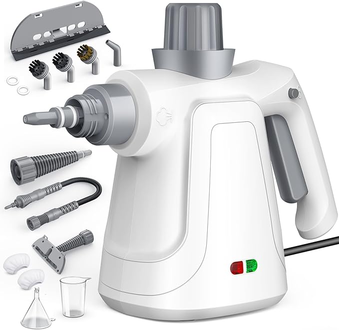 Steam Cleaner Handheld 1300W High Pressure Natural Steamer with 450ml Large Tank &amp Hands-Free Lock 14-Piece Steam Cleaner Pro Toolkit for Home Kitchen Car Tile Grout Grill &amp Upholstery