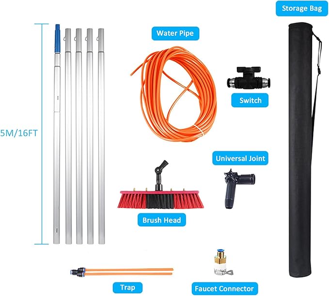 Telescopic Window Cleaning Pole Brush Kit for Solar Panel Conservatory Roof and More Extendable Water Fed Equipment for Efficient Window Washing