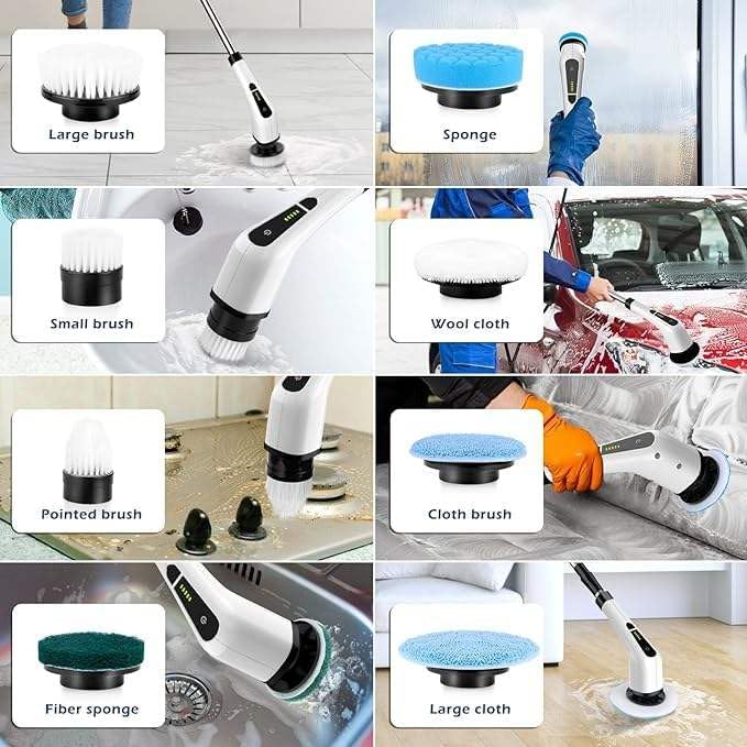 Electric Spin Scrubber Cordless Cleaning Brush - 8 Replaceable Brush Heads-90Mins Work Time 3 Adjustable Size 2 Speeds for Bathroom Shower Bathtub Glass Car with 18W Fast Charger Included (White)
