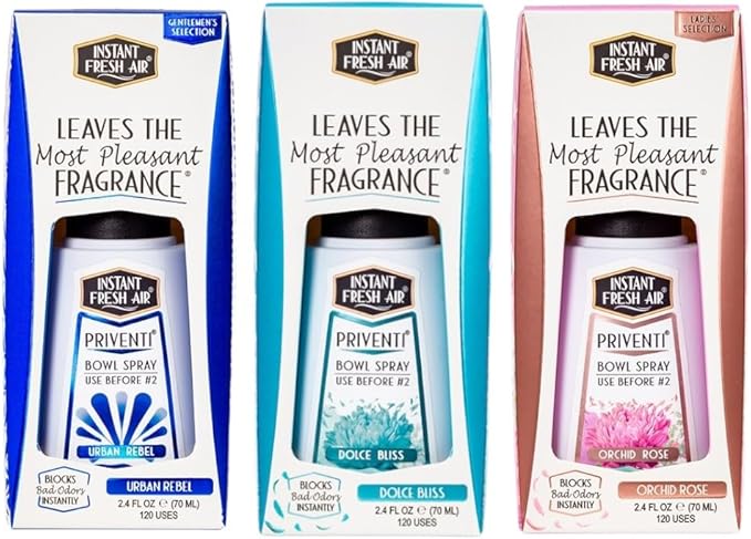 Priventi Bundle – Her/His/Everyone: Orchid Rose + Urban Rebel + Dolce Bliss 2.4 oz Each | Instant Odor Eliminator | Bathroom Spray Toilet Spray &amp Toilet Freshener for Home Travel &amp College