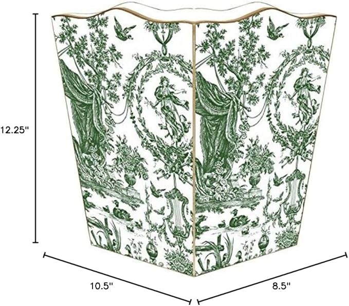 Marye-Kelley Green Toile Wastepaper Basket with Scalloped Top