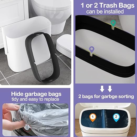 Bathroom Trash Can with Lid 14 Liter/ 3.7 Gallon Bathroom Trash Can and Toilet Brush Set for Restroom Bedroom Living Room Office White Lid