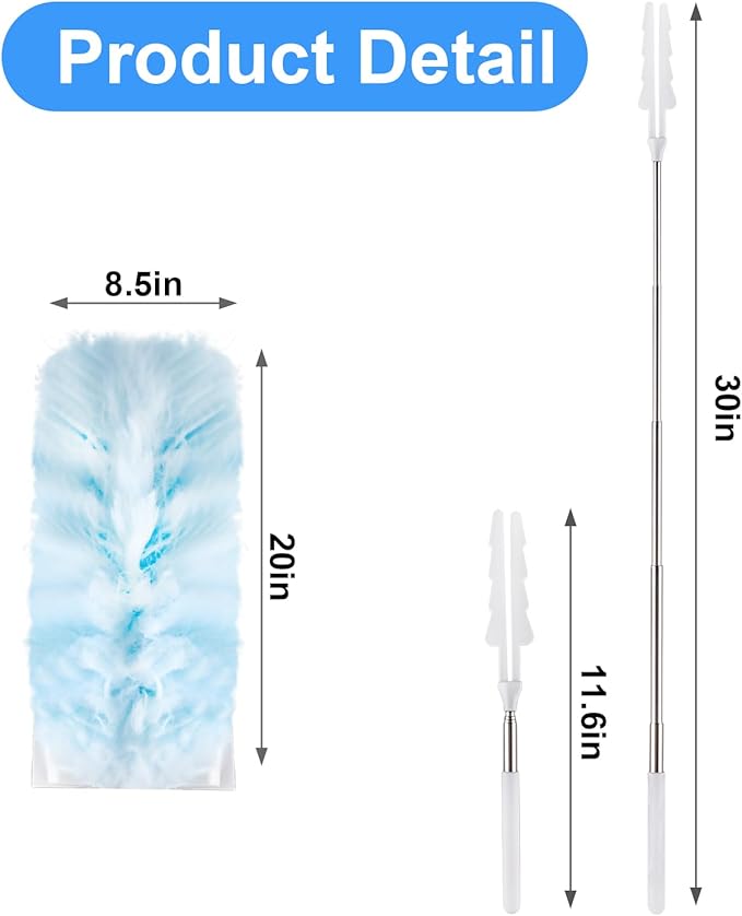 ITTAR 30 Count Duster Refill kit Duster for Cleaning with Extension Pole Microfiber Dust Remove Supplies Fan Feather Dusters for Cleaning Home Ceiling Fan Blinds Furniture Vent &amp Shelves-Bl