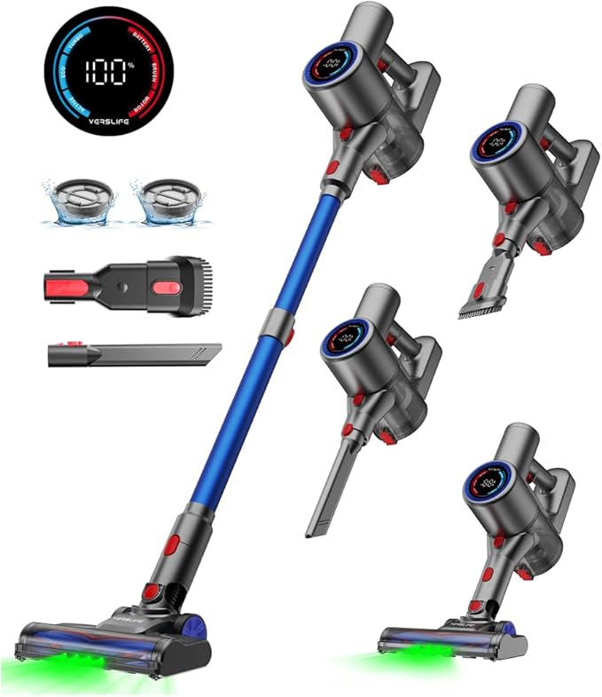 VersLife Z8 Cordless Vacuum Cleaner 40kPa/500W Power Suction LED Display 6-in-1 Lightweight Stick Vacuum with Green LED Light 6-Stages Filtration Self-Standing for Pet Hair Hard Floor Carpet