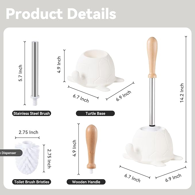 Turtle Base Toilet Brush and Holder Set - Ceramic Toilet Bowl Cleaner Brush DIY-Paintable Toilet Base Bathroom Brush for Home &amp Commercial Use - White