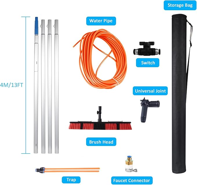 Telescopic Window Cleaning Pole Kit with Water Fed Brush Extendable Solar Panel and Conservatory Roof Cleaner Washing Equipment for High Windows