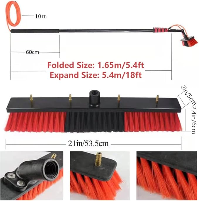 Extended Water Spray Telescopic Washing Brush Tool Window Glass Wall Cleaning Extension Pole Windows Roof Photovoltaic Panel Cleaning Telescopic Brush Tools for Hose 18ft/5.4m