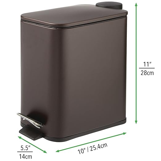 mDesign Rectangular Pedal Bin – 5 L Metal Waste Bin with Pedal Lid and Plastic Bucket Insert – Household Rubbish Bin for Bathroom Kitchen and Office – Bronze