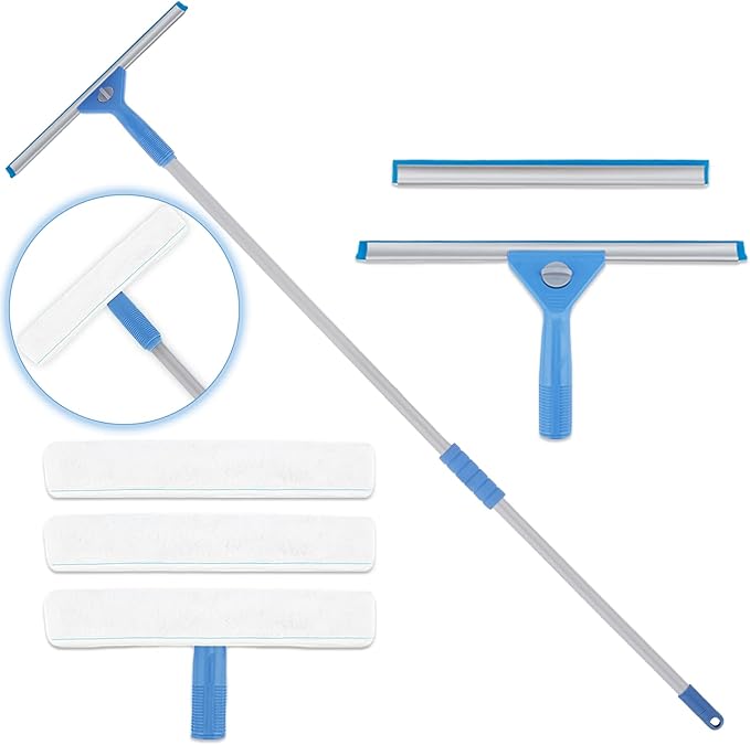 Window Squeegee Washing Kit for High Window Shower Glass Door Mirror Cleaning with 69-inch Extension Pole Extra 14'' Wide Squeegee and 2 Microfiber Scrubbers Included