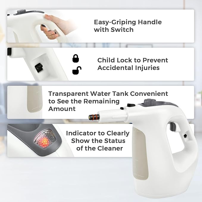 Handheld Steam Cleaner 1400W Pressurized Steamer with 17 Pieces Accessory Set &amp Child Lock Multipurpose Portable Steam Mop for Home Use Floors Windows Cars Sofas (Grey)