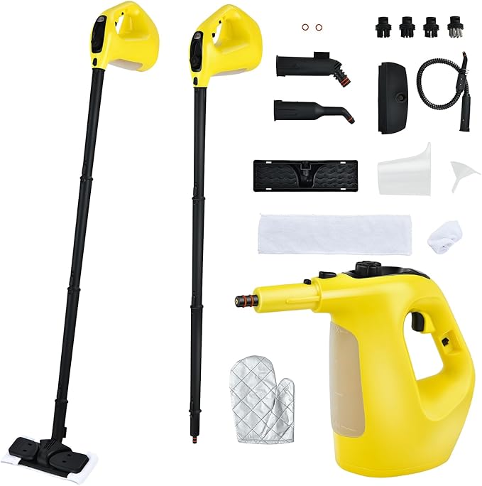 Handheld Steam Cleaner 1400W Pressurized Steamer with 17 Pieces Accessory Set &amp Child Lock Multipurpose Portable Steam Mop for Home Use Floors Windows Cars Sofas (Yellow)