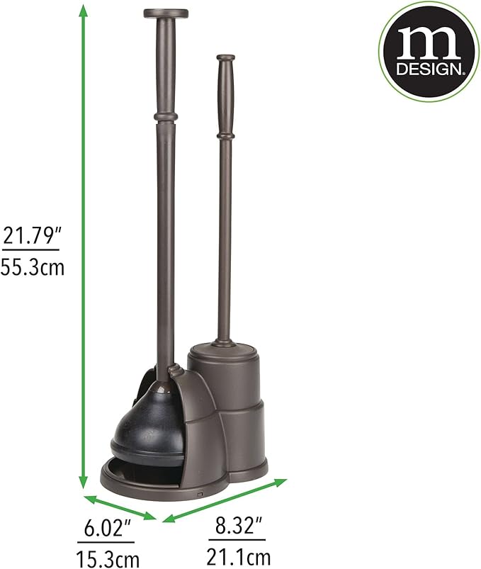 mDesign Plunger and Brush Set for Toilet Bowl - Hidden Modern Toilet Brush and Plunger Set with Caddy - Brush Cleaner and Plunger Combo with Holder for Bathroom - Hyde Collection - Bronze