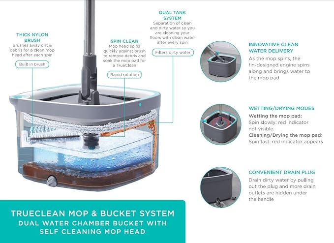 True &amp Tidy True Clean Spin Mop &amp Bucket System – Dual Compartment Design for Clean &amp Dirty Water 360° Swivel Mop Head Built-in Scrubbing Brush Stainless Steel Handle &amp 2 Reusable M