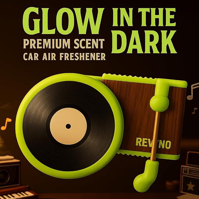 1 Piece Revyno Glow in the Dark Vinyl Record Player Car Air Freshener + 8 Album Cover Turntable Vent ClipSpinning Vinyl Record + 10 ML Essential Oil BottleMusic Lover Gift &amp Aesthetic Car Decor