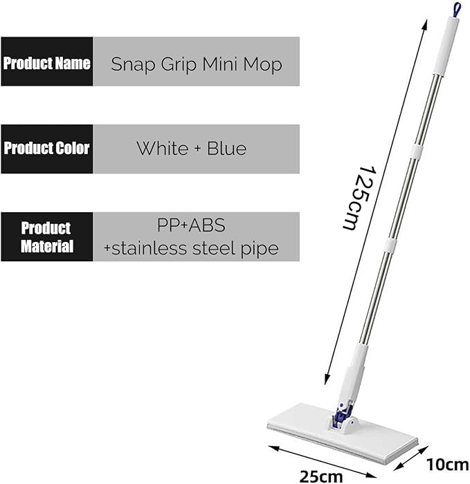 Snap Grip Mini Mop with 5 Reusable Cloths No Wash Zero Touch Disposable Lazy Mop Retractable Gap Dust Cleaner Flat Mops with Locking Head Dry Wet Pads for Floor Hardwood Kitchen Wall (125×25×10cm)