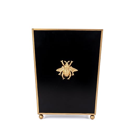 Jaye's Studio Regency Line Square Wastebasket &amp Garbage Bin Gold Trim &amp Finish Round Gold Feet Hand-Painted Metal Trash Bin for Bedroom Office Bathroom 9 x 9 x 12 (Black Gold Bee)