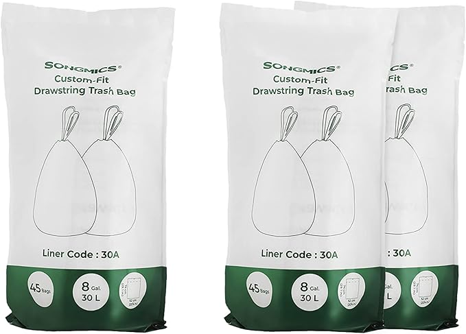 SONGMICS 2-Roll and 1-Roll Drawstring Trash Bags Bundle 8.5 Gal. Garbage Bags for 8 Gal. or 16 Gal. Dual Trash Cans Custom-Fit Liner Code 30A 135 Count Total White UKRB30A02 and UKRB30A