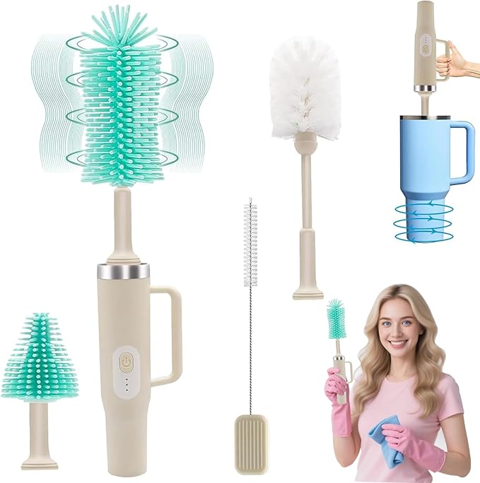 5 in 1 Electric Bottle Brush Cleaner Compatible Stanley Bottle Brush Straw Cleaner Multifunction Rechargeable IPX6 Waterproof Extra Long Design for Stanley Cup Sports Bottle and More (Beige)