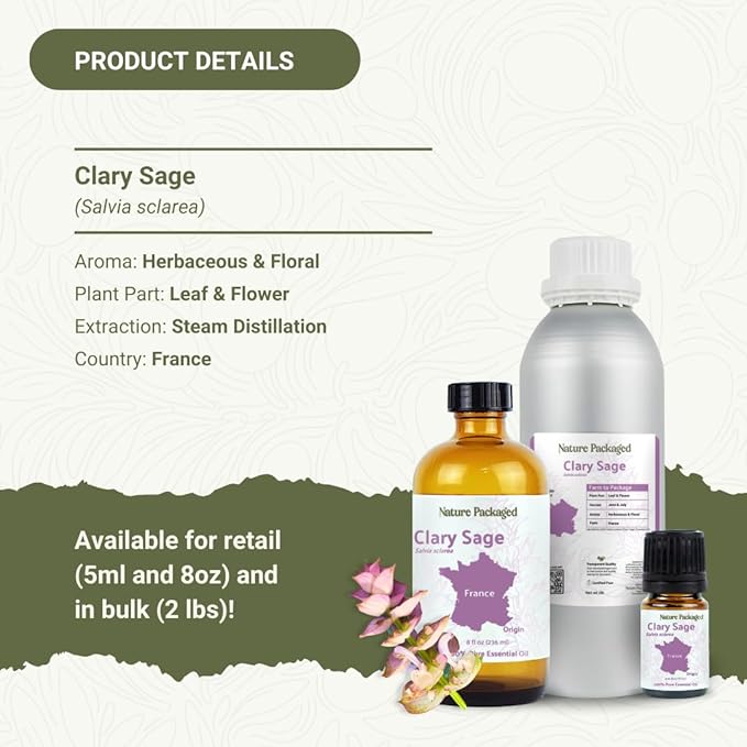 Clary Sage Essential Oil - Direct from France - Steam Distilled - Aceite de Salvia Esclarea for Aromatherapy Massage Diffuser DIY Candle and Soap Making - 2lbs