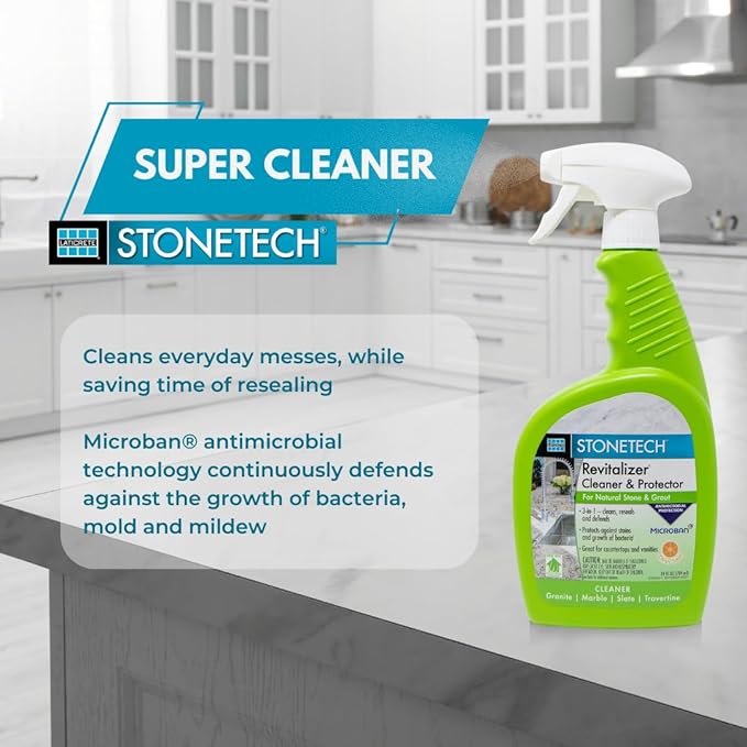 StoneTech Revitalizer Cleaner and Protector | Natural Stone Cleaner | Marble Quartz Granite Countertop Cleaner | 3-in-1 Cleans and Reseals | 2-Pack 24 oz Spray + Microfibers Citrus Scent