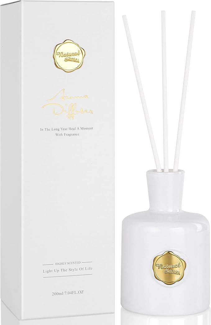 XEPTLE White Musk Reed Diffuser Apple Pear Jasmine with Musk &amp Ambergris Home Fragrance Diffuser with 5 Reeds Air Freshener for Bedroom Living Room Bathroom Décor 7.04oz White