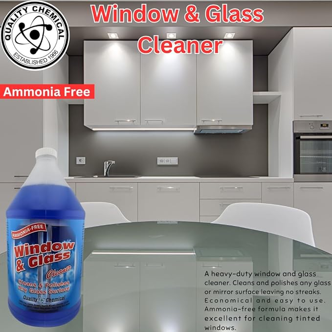 Quality Chemical Window &amp Glass Cleaner - Fortified without Ammonia for Sparkling Tinted Window and Dust Resistant Glass Surfaces - Pleasant Fragrance - Amonnia Free 128 oz (Pack of 1)