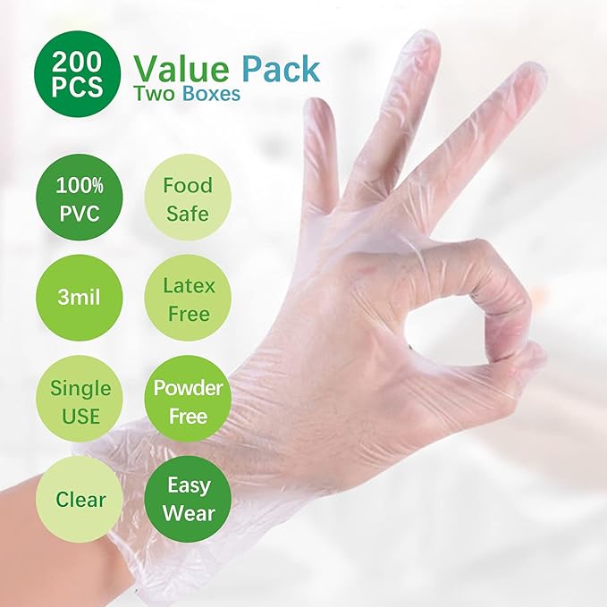Clear Vinyl Disposable Gloves Food Safe Latex Free Powder Free for Cooking Cleaning Food Service GPVF or MPVF