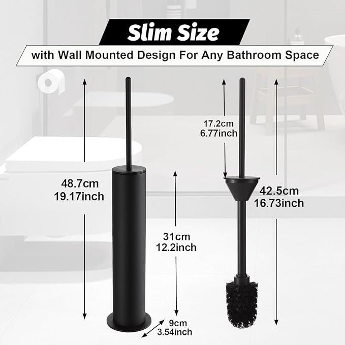 BGL Toilet Brush with Holder Set Matte Black Aluminium Standing for Bathroom Toilet Bowl Cleaner Brush and Holder Set Round Design