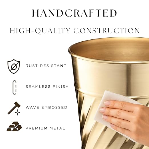 Monarch Abode Metal Bathroom Trash Can – Waste Basket for Bedroom Office Desk &amp Dorm Handcrafted Wave Embossed Durable Decorative Brushed Gold Small Trash Can Bathroom Garbage Bin Wastebasket