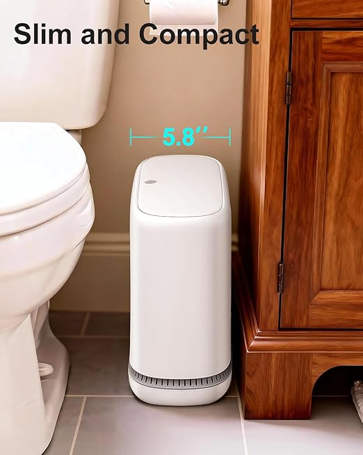 3 Gallon Slim Small Bathroom Trash Can with Lid White Dog Proof Garbage Can with Air-Press Bag Expander &amp Removable Bucket Narrow Bathroom Waste Basket for Bedroom Office Dorm