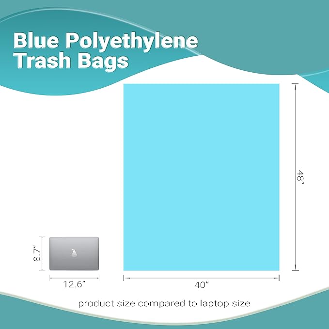 APQ Blue Heavy Duty Trash Bags 40 x 48 Inches. Pack of 200 Polyethylene Office Trash Can Liners 18 Micron Thick. Durable Recyclable 80 Gallon Plastic Garbage Bags for Offices Schools and Kitchen