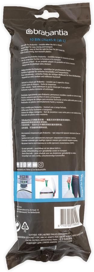Brabantia PerfectFit Trash Bags (Size R / 9.5 Gallon) High Quality Thick Plastic Trash Can Liners with Tie Tape Drawstring Handles (10 Bags)