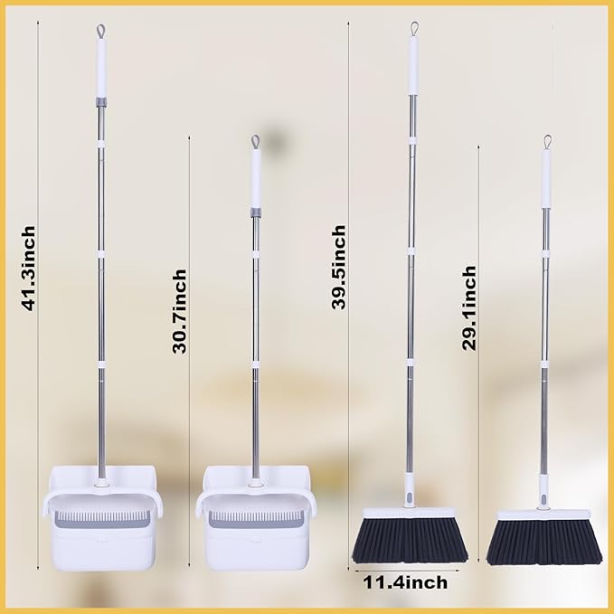 Heavy Duty Broom and Standing Dustpan Combo Set Rotatable Head Dust Pan and Brush Set with Collapsible Handle Cleaning Teeth Hanging Loop Ideal for Pets RV Kitchen Camping Outdoor Floor White