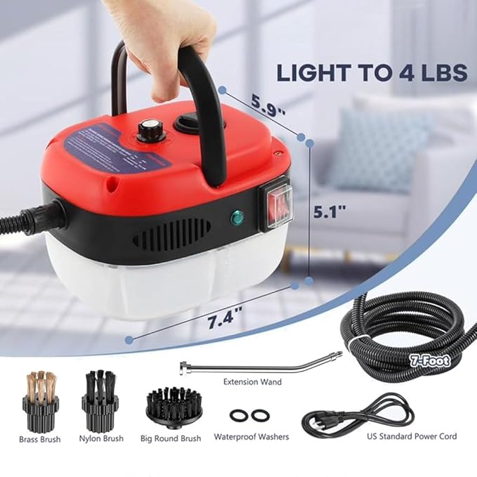 2500w Handheld High-Temperature Pressurized Steam Cleaner 6-Speed Portable Steamer 10s Fast Heating 1.2L Water Tank for Cleaning Auto Detailing Furniture Kitchen Grout FloorTile (Red)