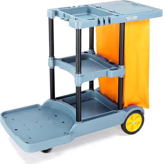 TUFFIOM Commercial Traditional Cleaning Janitorial 3-Shelf Cart 500 Lbs Capacity Housekeeping Cart 42.5 L x 18.7 W x 37.6 H Wheeled with 22 Gallon Yellow Vinyl Bag and Cover w lid Blue