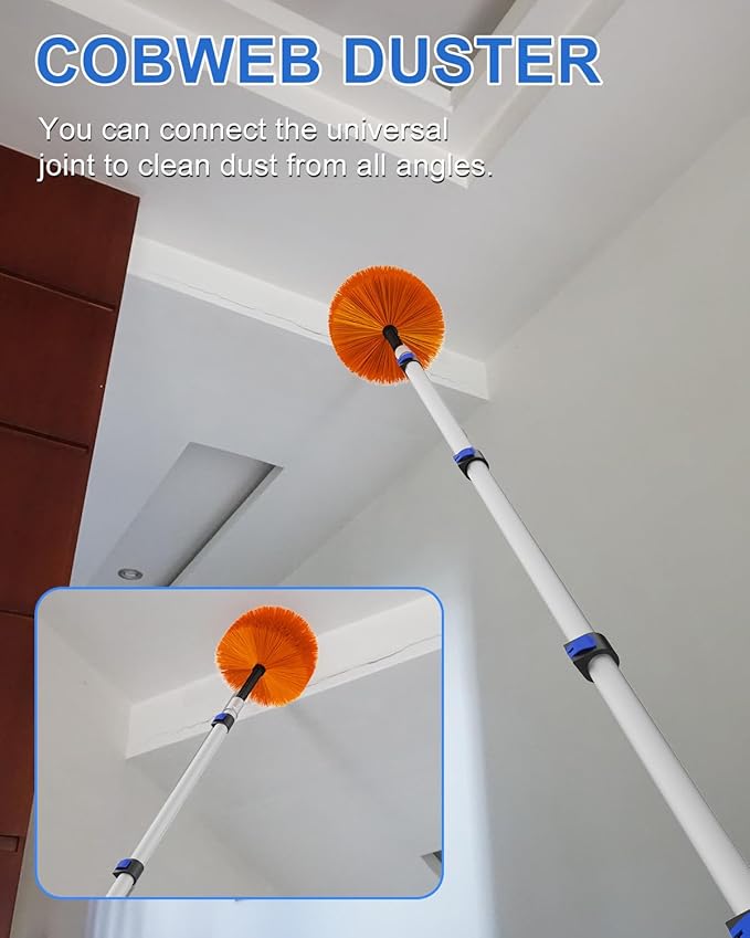 26 Foot High Reach Duster Kit with 5-20 ft Telescoping Extension Pole High Ceiling Duster Cobweb Duster Window Squeegee Feather Duster Outdoor &amp Indoor Extendable Duster Cleaning Kit