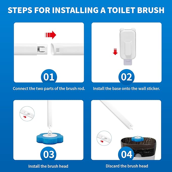 Disposable Toilet Brush with 48 RefillsToilet Cleaning SuppliesToilet Wand Brush Starter KitWall Mounted Toilet Bowl Cleaner Brush with Holder for Bathroom Deep Cleaning &amp Hygiene (White)
