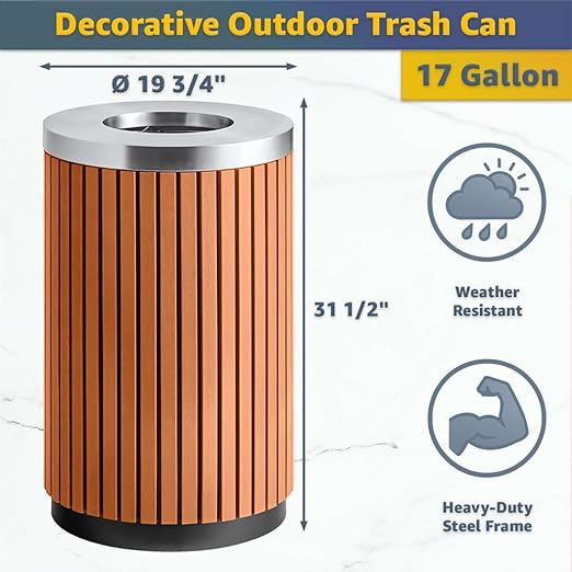 17 Gallon Round Outdoor Trash Can - Heavy Duty Steel &amp Wood Composite Commercial Decorative Garbage Bin with Open Lid Durable Park Retail &amp Transit Waste Container