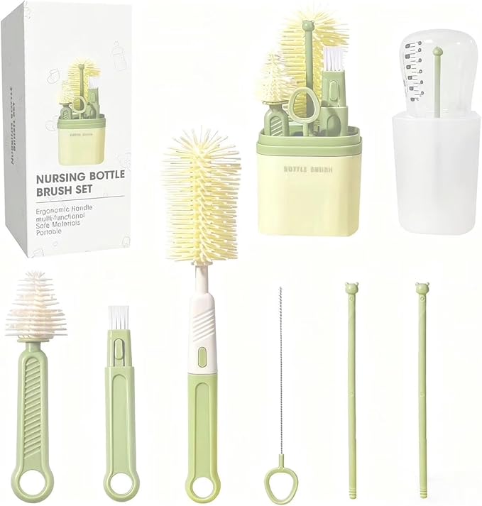 Baby Bottle Brush Set-Travel Bottle Cleaner Kit with Silicone BrushDrying RackNipple BrushStraw BrushBottle Mouth BrushStorage Box-6 in 1 Portable Bottle Washing Kit for Home and Travel